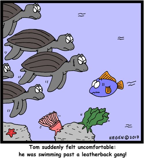 Tom suddenly felt unfomfortable: he was swimming past a leatherback gang!