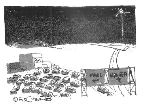 Cars follow the sign to the mall rather than the sign to the manger.