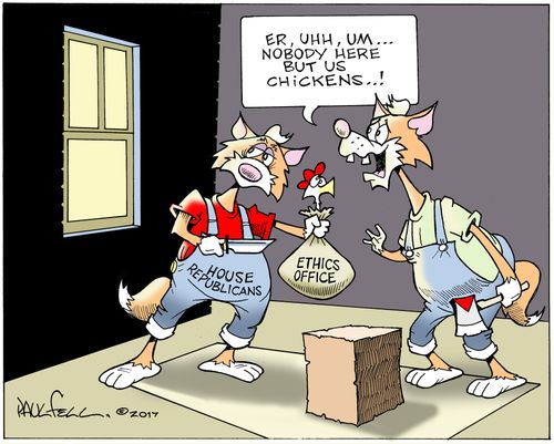 "Er, uhhh, um...nobody here but us chickens!"