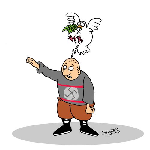 A dove with an olive branch poops on a neo-nazi.