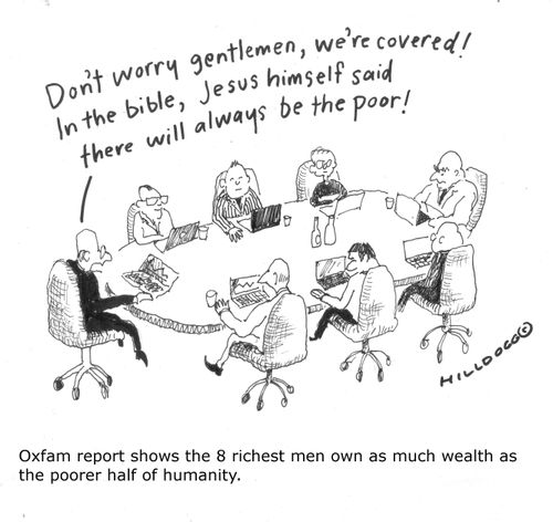 Oxfam report shows the 8 richest men as much wealth as the poorer half of humanity.