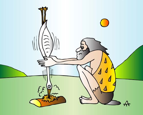 Caveman whittles with bird