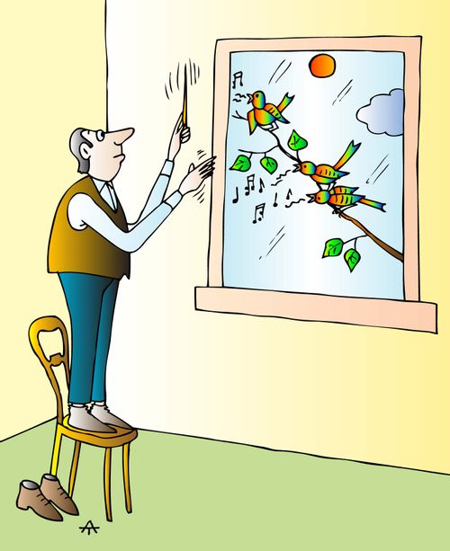 Man conducts the songbirds outside his window.