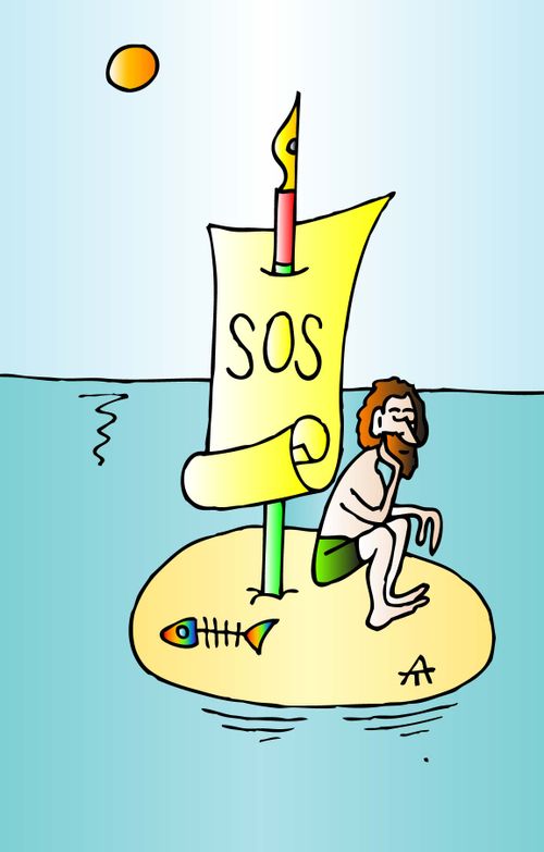Writer trapped on island makes an SOS sign with a fountain pen.