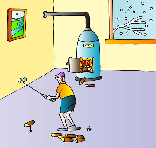 A man hits logs into his fireplace with a golf club.