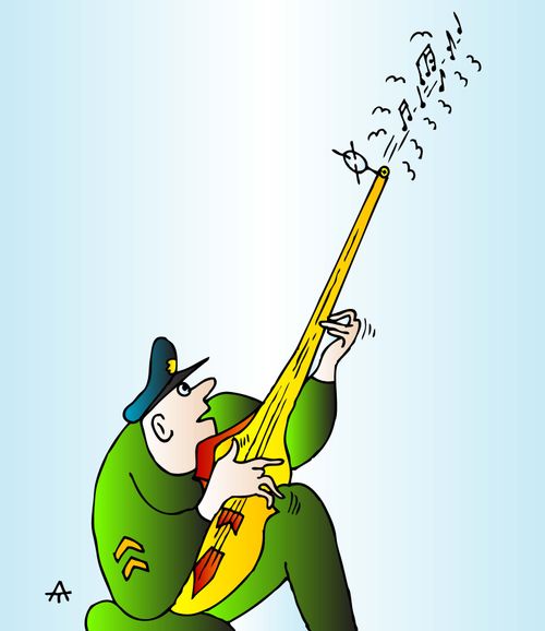 Military man plays music as a sniper rifle.