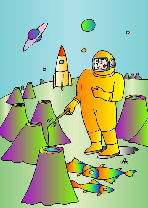 An astronaut fishes in volcanoes on another planet.