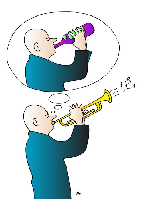 A musician plays the trumpet while imagining he is drinking wine.