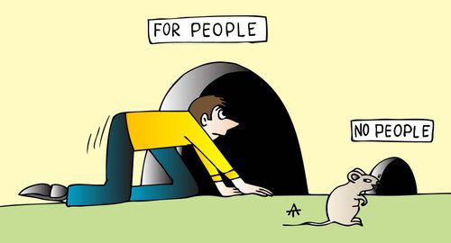 Man crawls into a hole labeled 'for people'.
