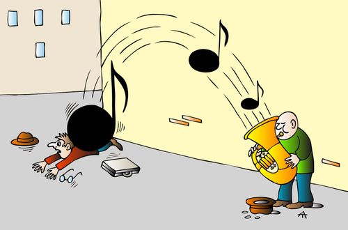 The musical notes coming from a tuba knock down a man carrying a briefcase.