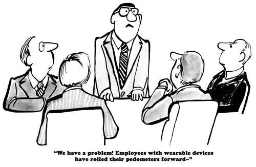 Healthcare cartoon about cheating on health insurance with wearable devices. 