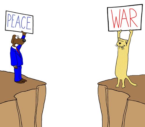 Cartoon about a dog and cat with two different perspectives 'war' and 'peace'.