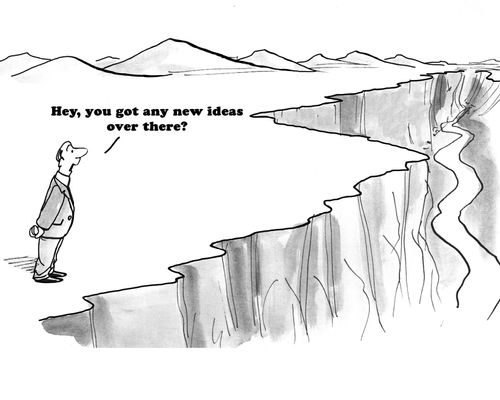 Business cartoon about a  businessman looking in the wilderness for new ideas. 