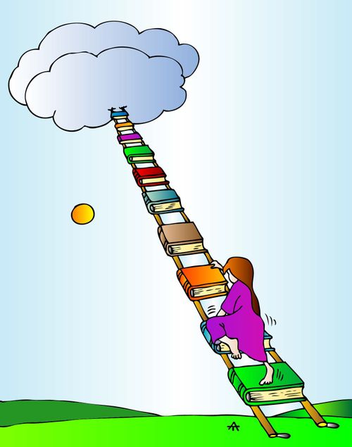 A girl climbs a ladder of books