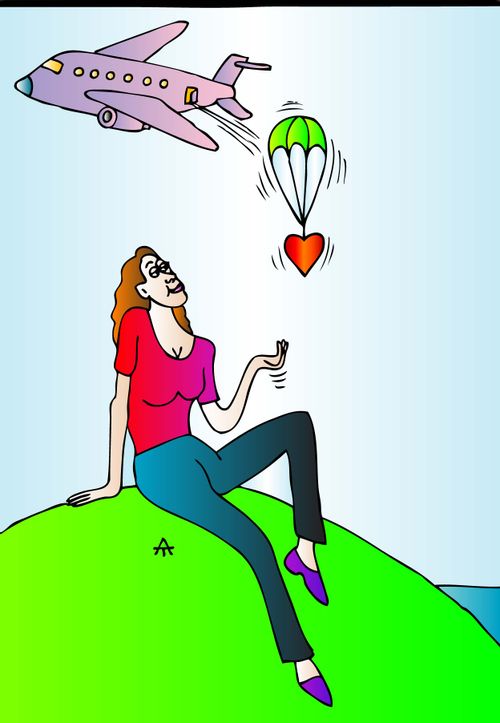 An airplane drops a Valentine for a woman.