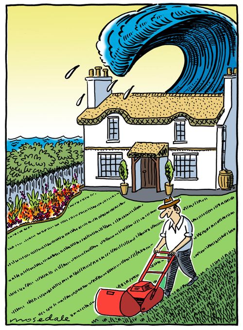 Man mows his lawn while a tsunami looms behind him.