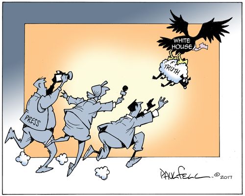A White House vulture carries off the truth, chased by the press.