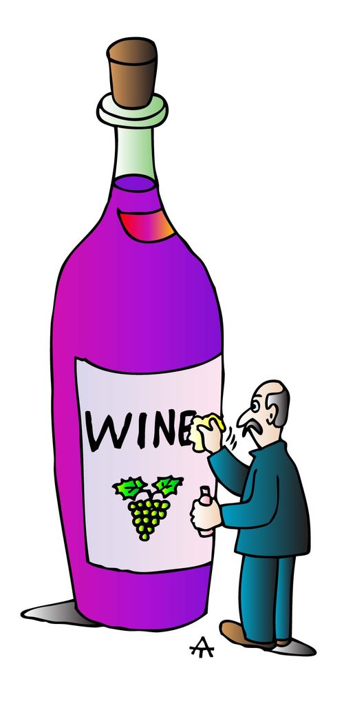 A man polishes a giant wine bottle.