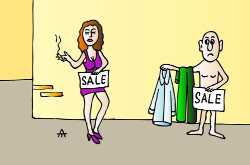 A nude man and a clothed woman hold 'sale' signs.