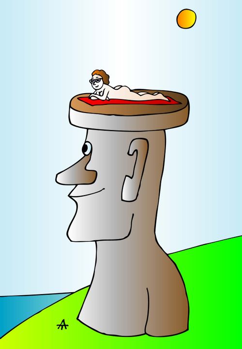 A woman sunbathes nude on an Easter Island head.