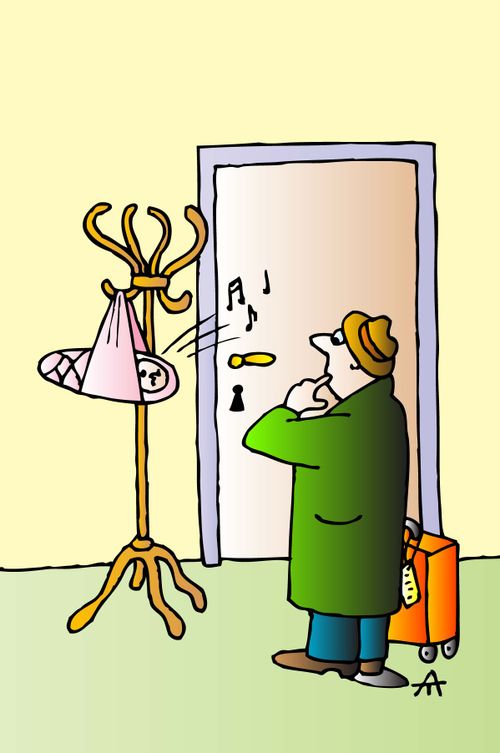 A man hangs a baby from a hat rack.