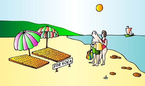 A pair of yoga instructors use beds of nails on the beach.