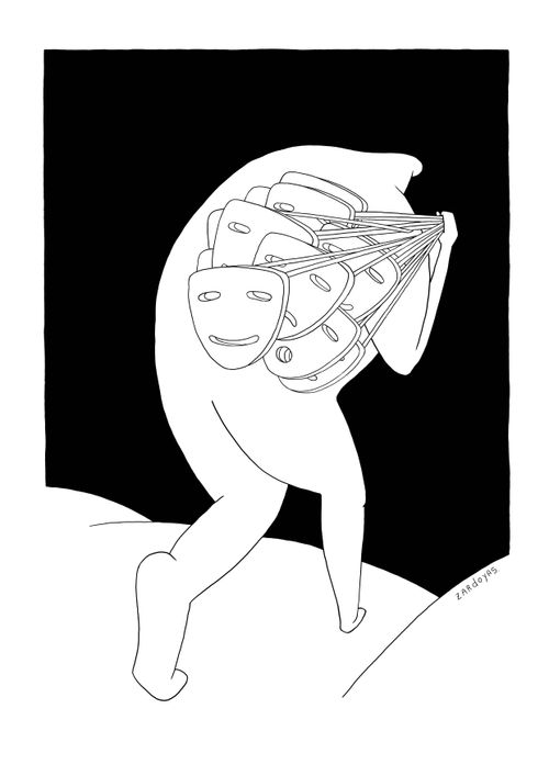 A figure carries different masks off into the distance.