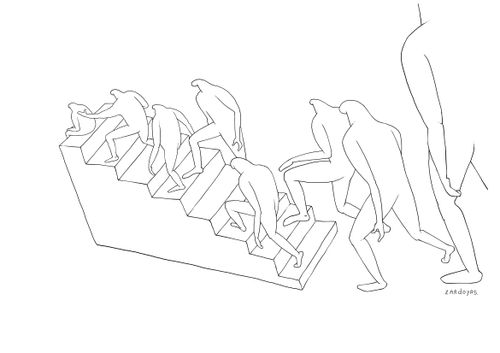A number of figures walk up stairs.
