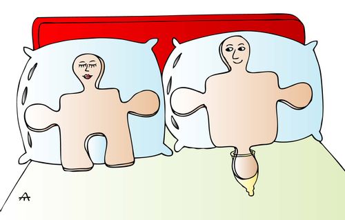 A jigsaw puzzle piece wears a condom.
