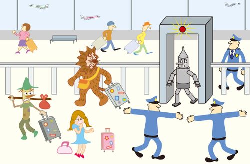 The Tin Man sets off the metal detector at the airport.