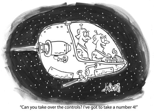 "Can you take over the controls? I've got to take a number 4!"