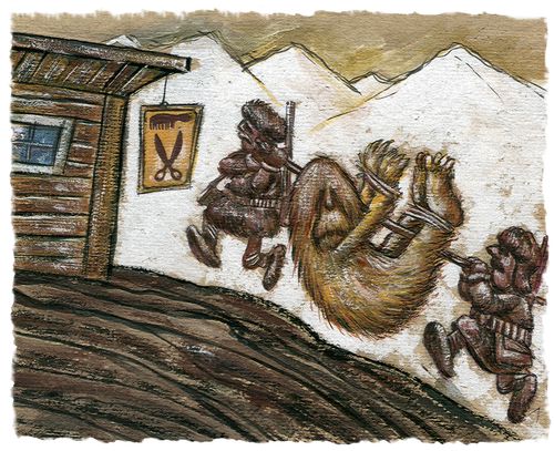 Yeti hunters drag it to a barbershop.
