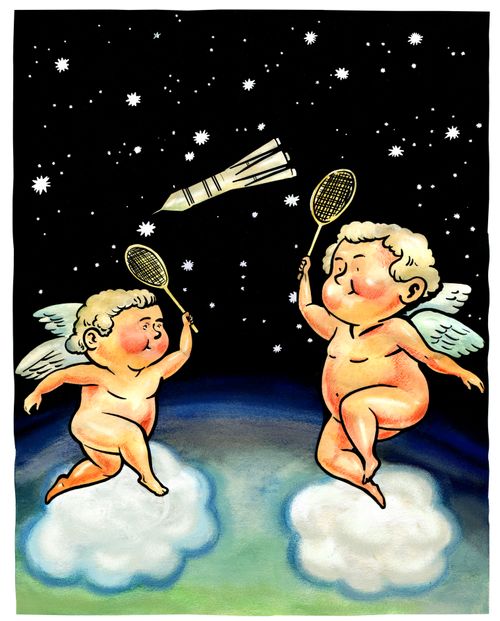 Angels playing tennis.