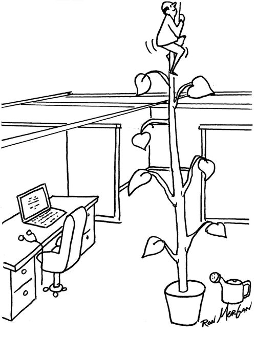 Worker escapes his cubicle by climbing a beanstalk.