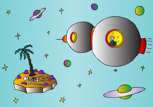 An astronaut sees a desert island in space.