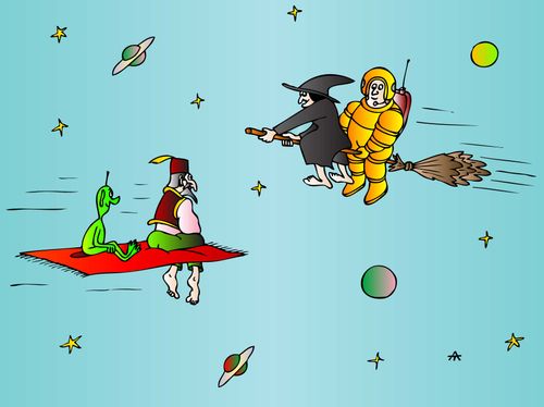 A witch gives an astronaut a ride while an alien rides on a magic carpet.