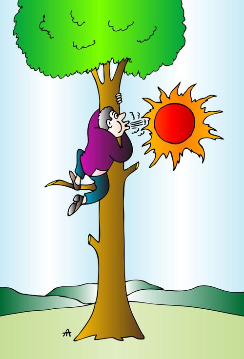 A man climbs a tree to try to blow out the sun.