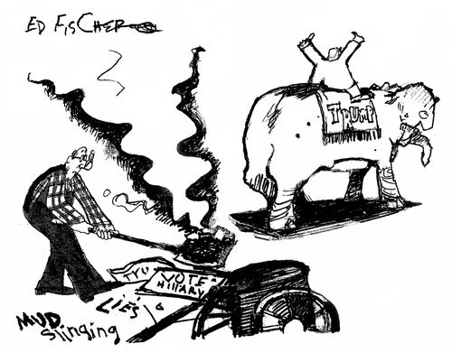 A man cleans up the mud slung at Hillary Clinton.
