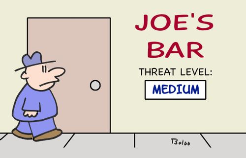 'Joe's Bar. Threat Level: Medium.'