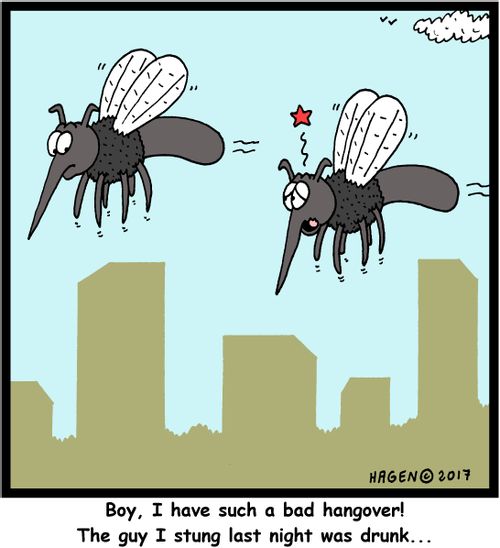"Boy, I have such a bad hangover! The guy I stung last night was drunk..."