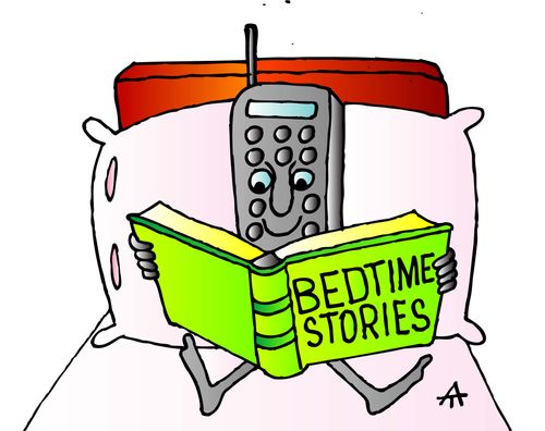 A mobile phone reads bedtime stories.