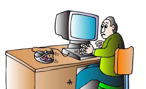 A man's computer mouse bites his hand.