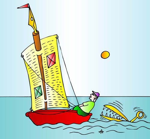 A writer sails on the water chased by editing shears.