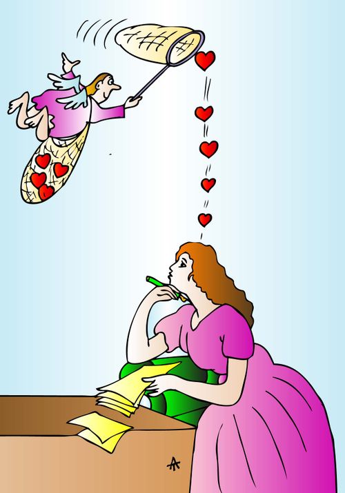 A woman writers love letters while the angel collects the hearts.