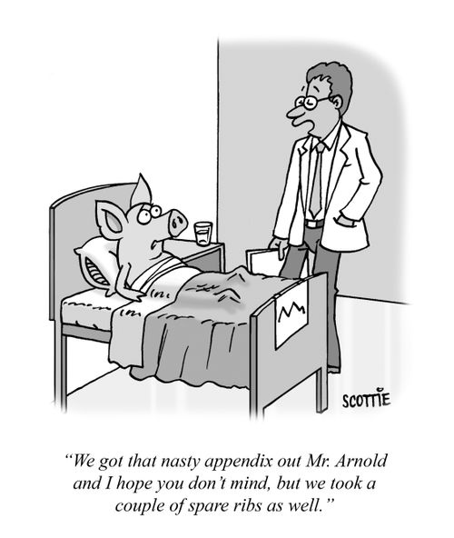 "We got that nasty appendix out Mr. Arnold and I hope you don't mind, but we took a couple of spare ribs as well.