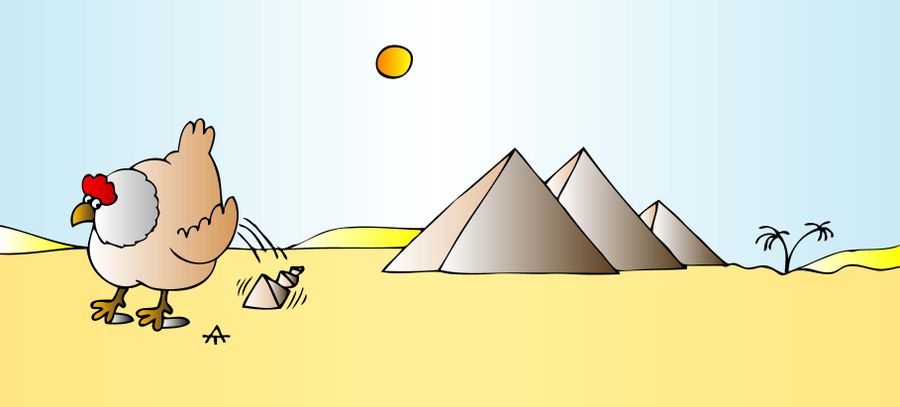 A chicken lays pyramids instead of eggs.