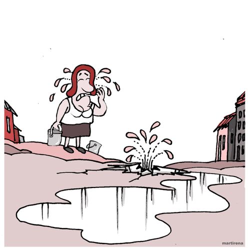 A woman cries over a broken pipe.