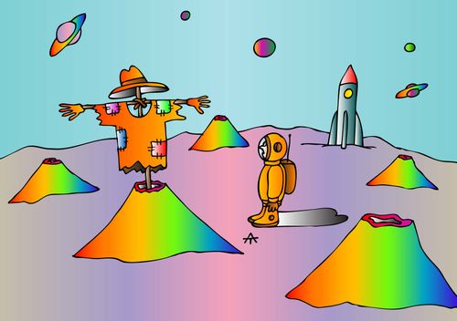 Astronaut encounters a scarecrow.
