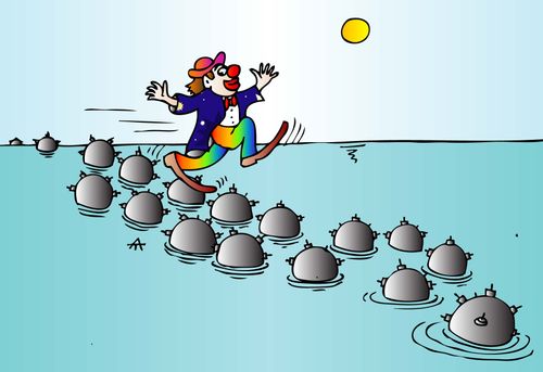 A clown runs across naval mines.