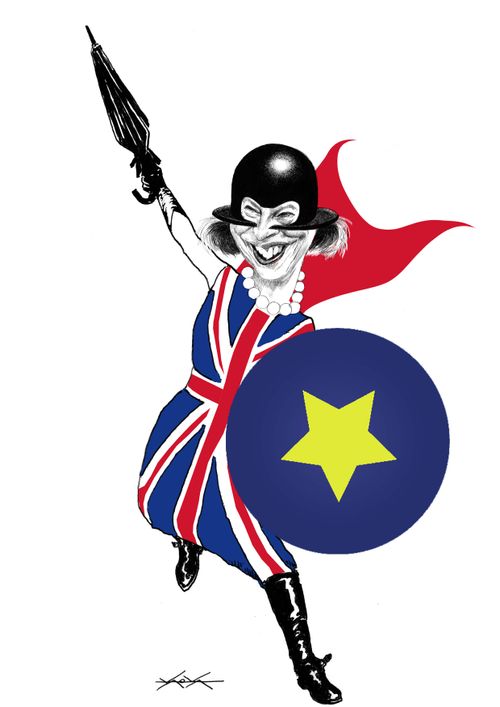 Theresa May caricature leading UK.
